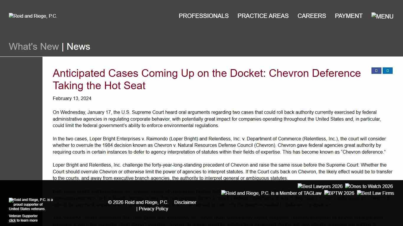 Anticipated Cases Coming Up on the Docket: Chevron Deference Taking the Hot Seat Hartford + New Haven Law Firm - Reid and Riege