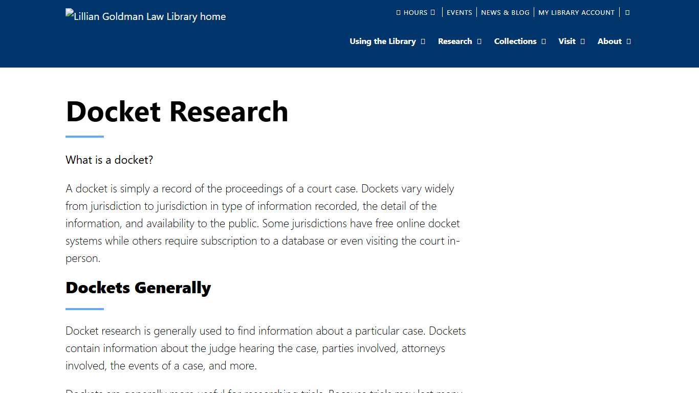 Docket Research Lillian Goldman Law Library